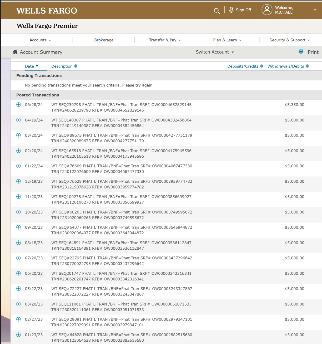 Wells Fargo Transaction History Phat Tran